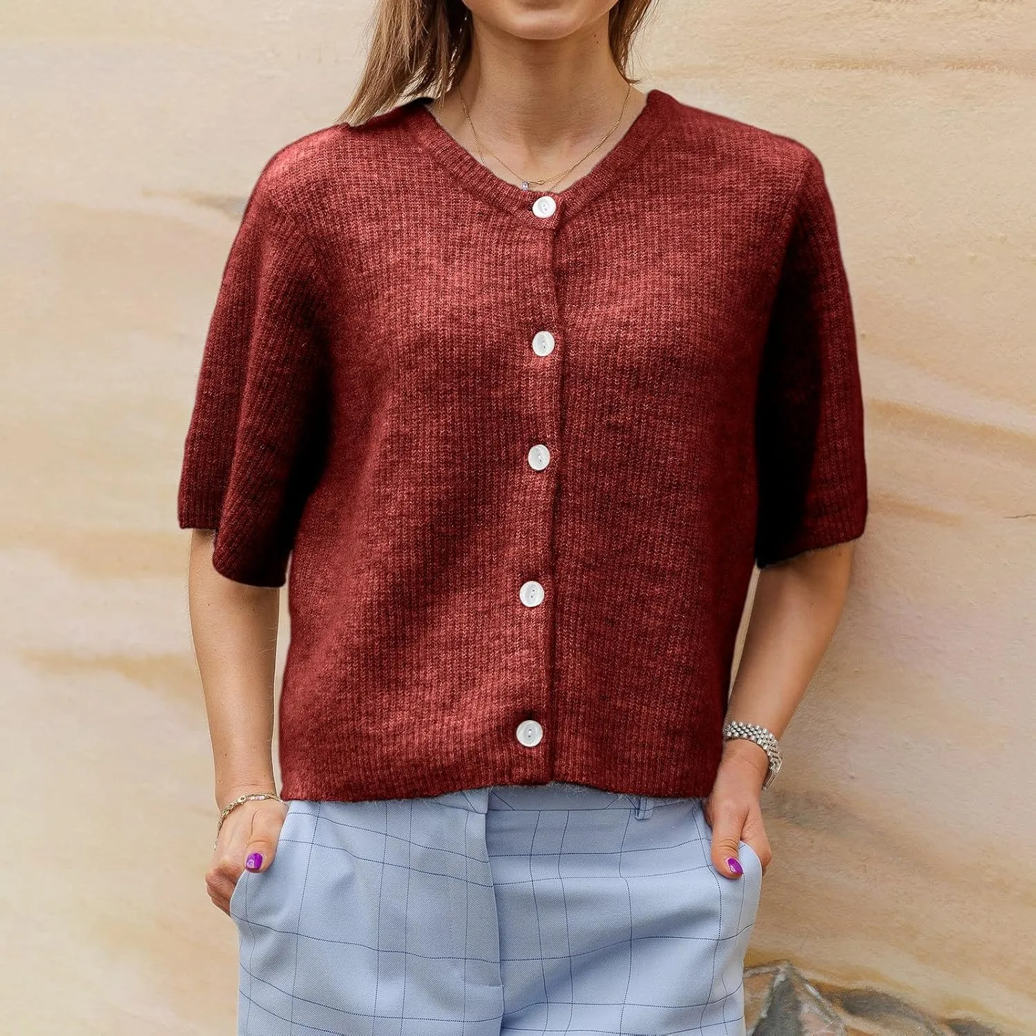 Women's Y2K Button Down Cardigans Shirts Summer Short Sleeve Knitted Blouse Top Going Out Cropped Knit Tops