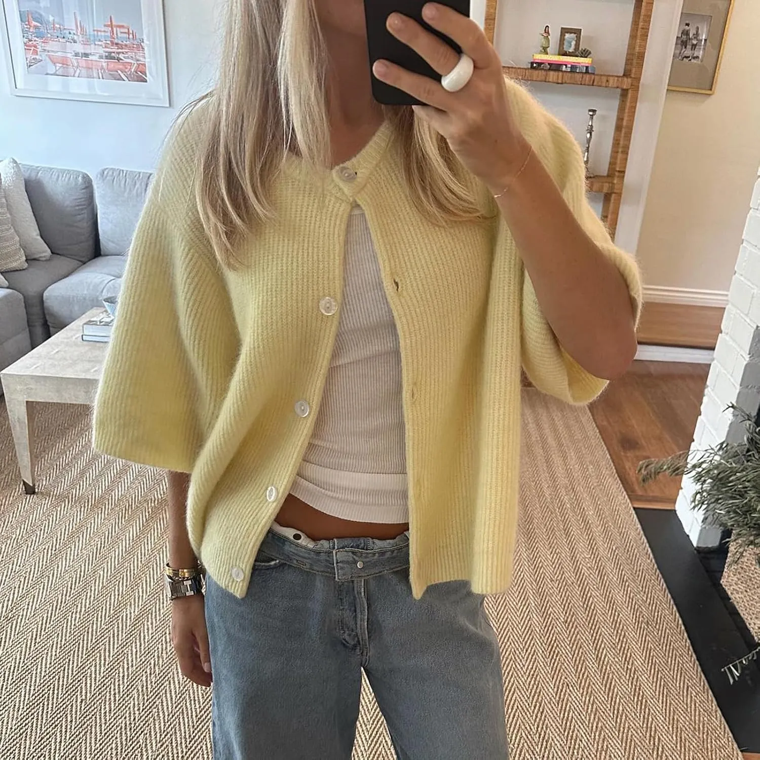 Women's Y2K Button Down Cardigans Shirts Summer Short Sleeve Knitted Blouse Top Going Out Cropped Knit Tops