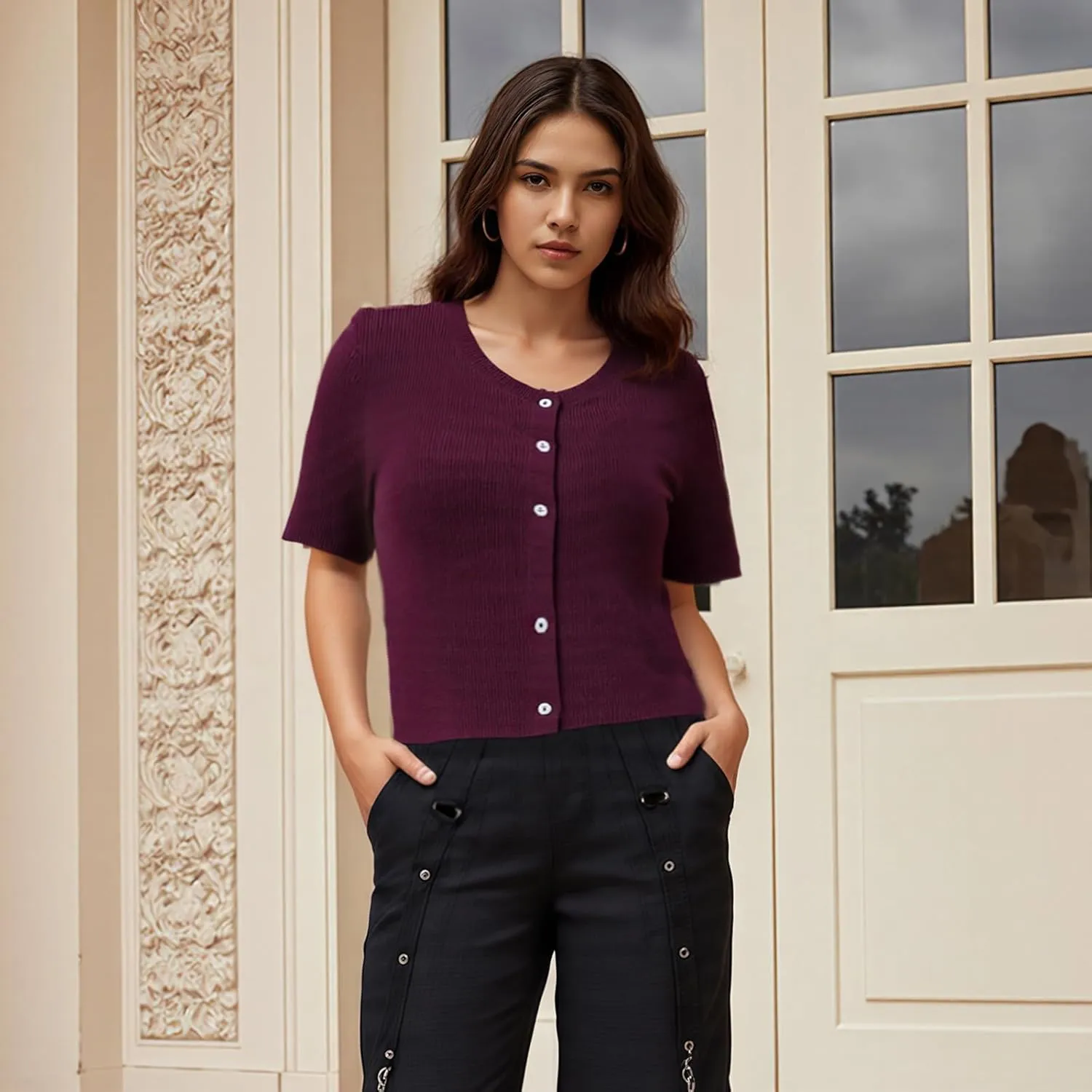 Women's Y2K Button Down Cardigans Shirts Summer Short Sleeve Knitted Blouse Top Going Out Cropped Knit Tops