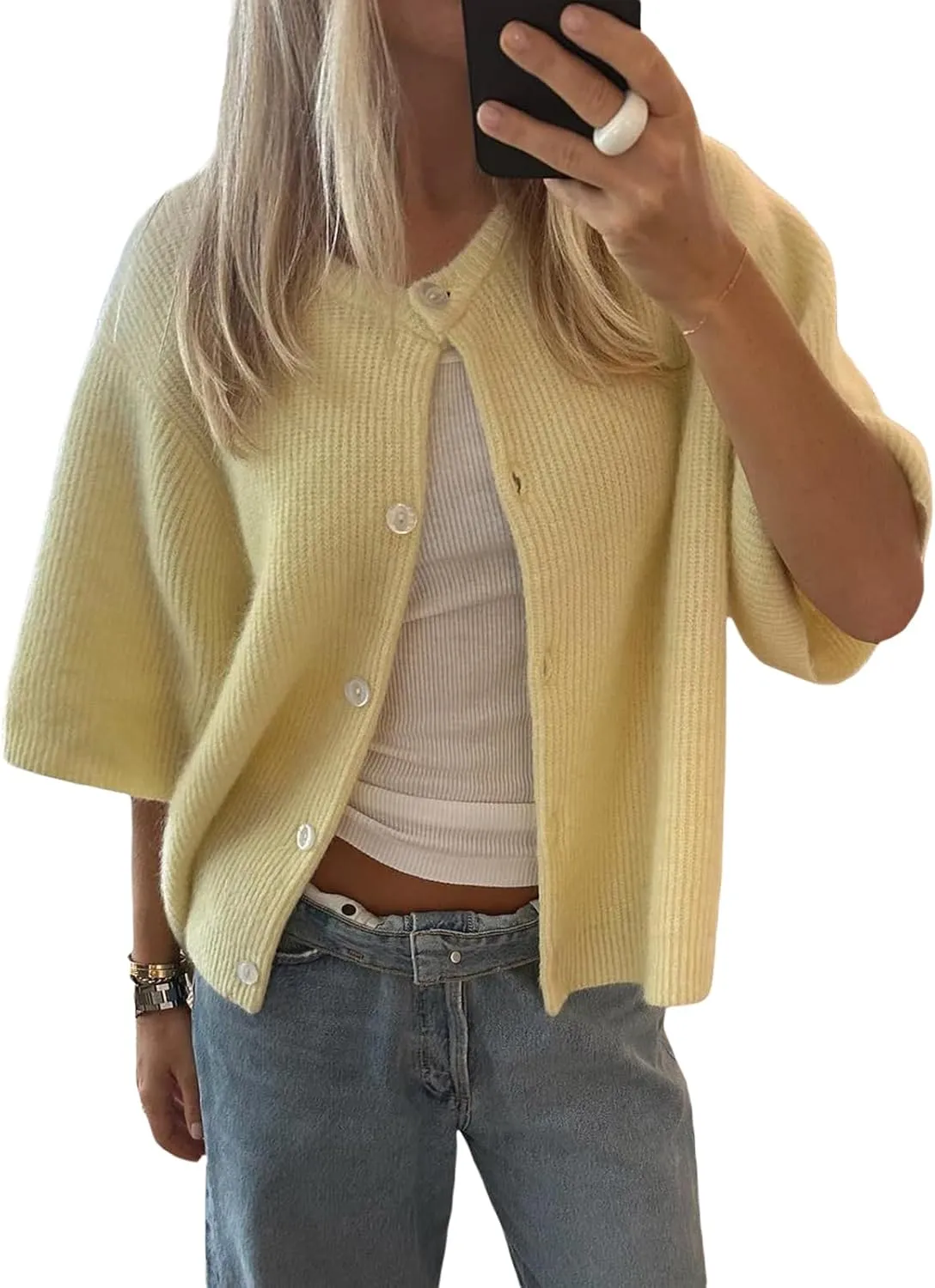 Women's Y2K Button Down Cardigans Shirts Summer Short Sleeve Knitted Blouse Top Going Out Cropped Knit Tops
