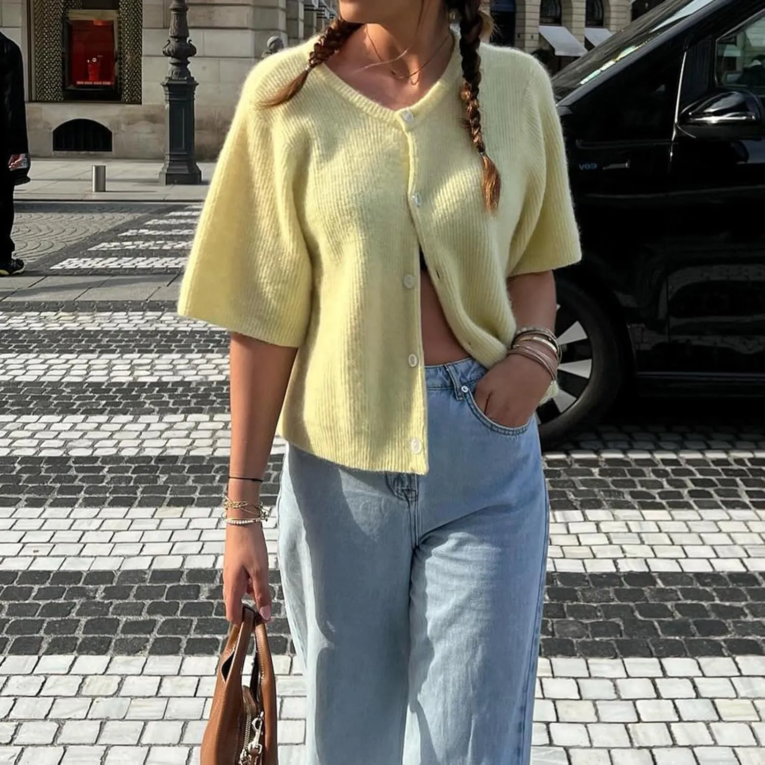 Women's Y2K Button Down Cardigans Shirts Summer Short Sleeve Knitted Blouse Top Going Out Cropped Knit Tops