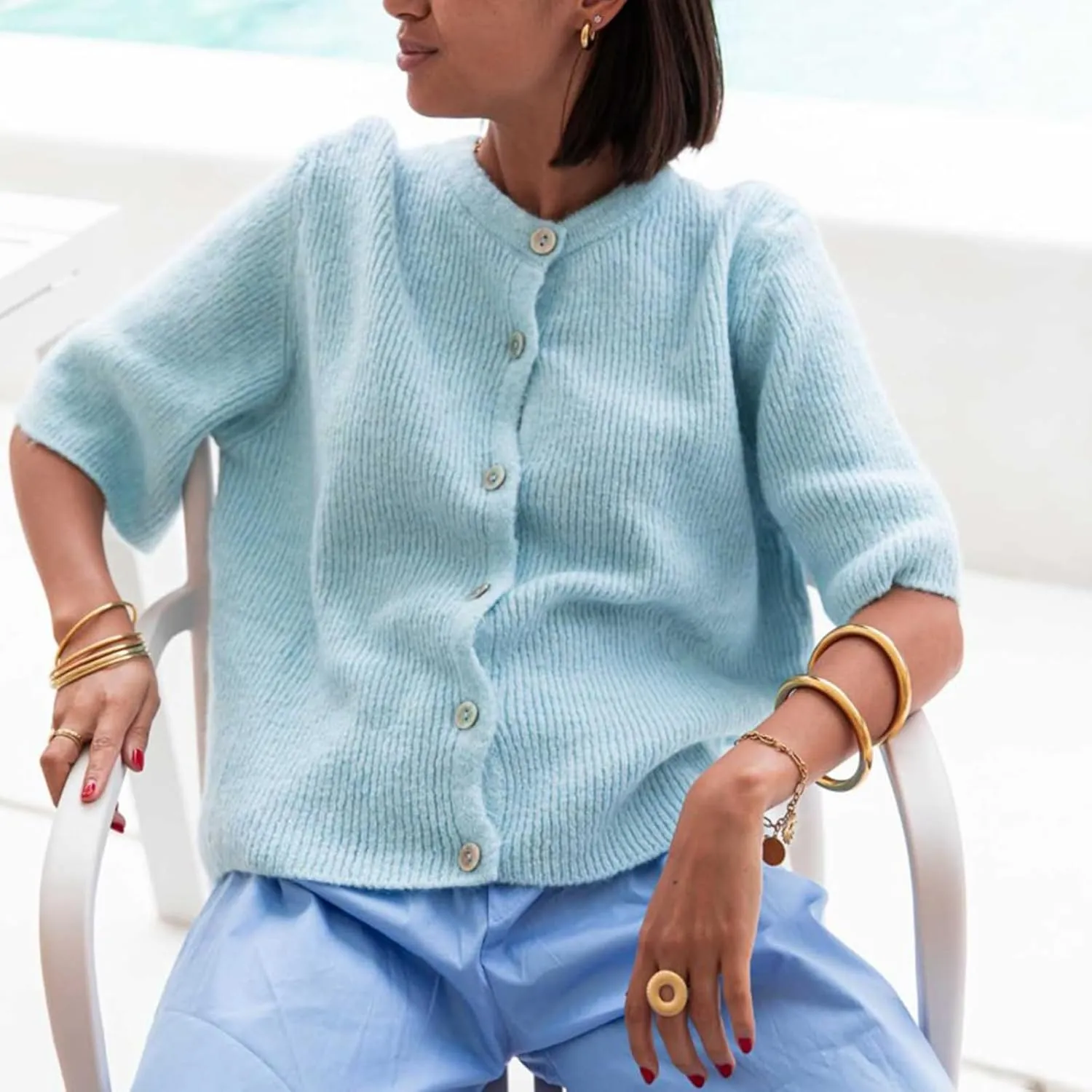 Women's Y2K Button Down Cardigans Shirts Summer Short Sleeve Knitted Blouse Top Going Out Cropped Knit Tops