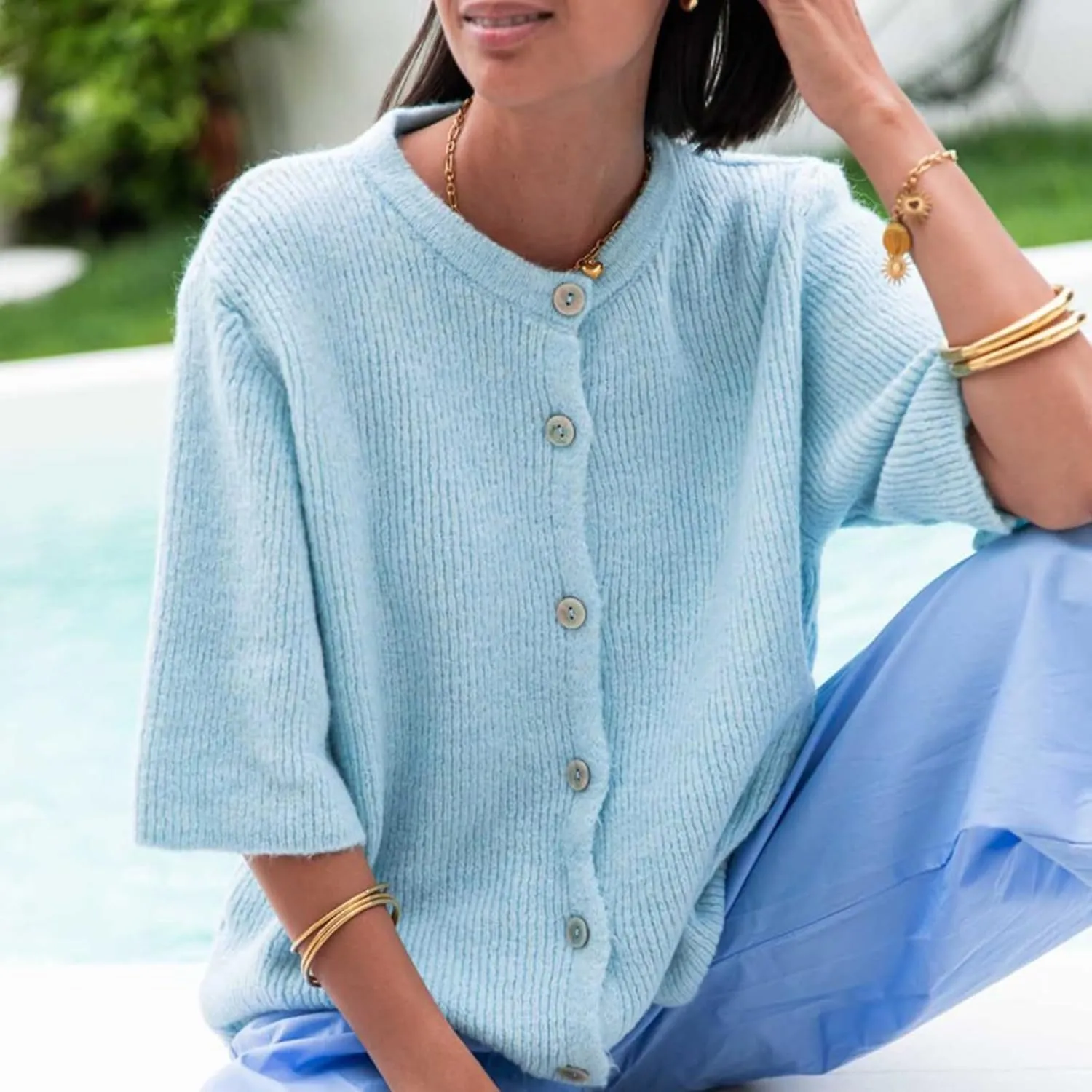 Women's Y2K Button Down Cardigans Shirts Summer Short Sleeve Knitted Blouse Top Going Out Cropped Knit Tops