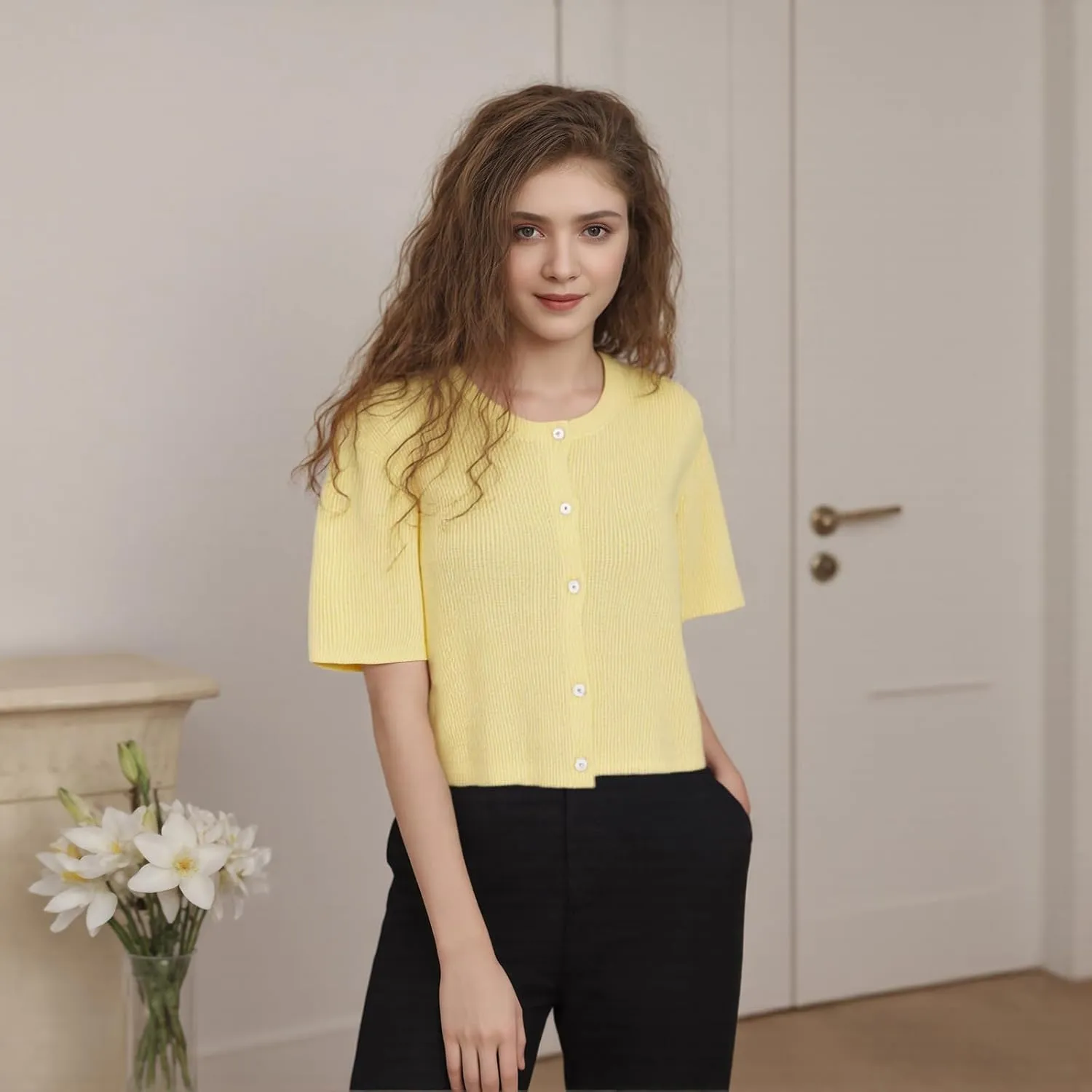 Women's Y2K Button Down Cardigans Shirts Summer Short Sleeve Knitted Blouse Top Going Out Cropped Knit Tops