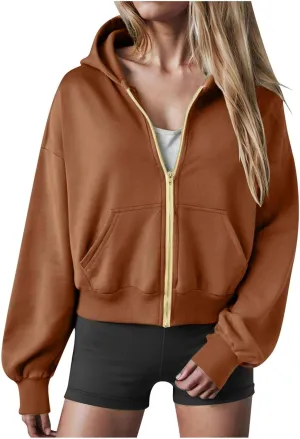Womens Zip Up Hoodies Cropped Long Sleeve Sweatshirt Fleece Y2k Hooded Jacket 2024 Trendy Fall Winter Clothes