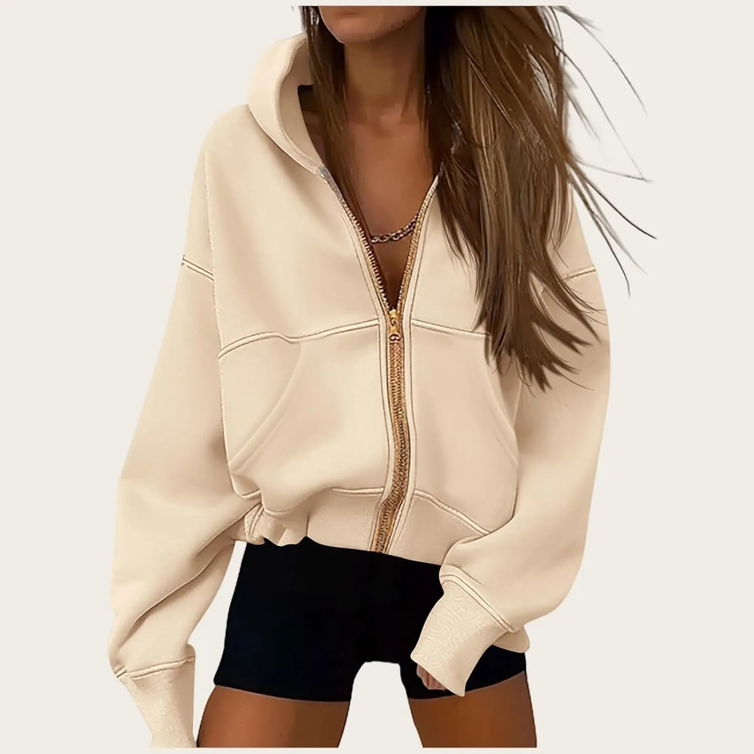 Womens Zip Up Hoodies Jacket Cropped Long Sleeve Hooded Sweatshirt Casual Comfy Coat Winter Clothes 2024