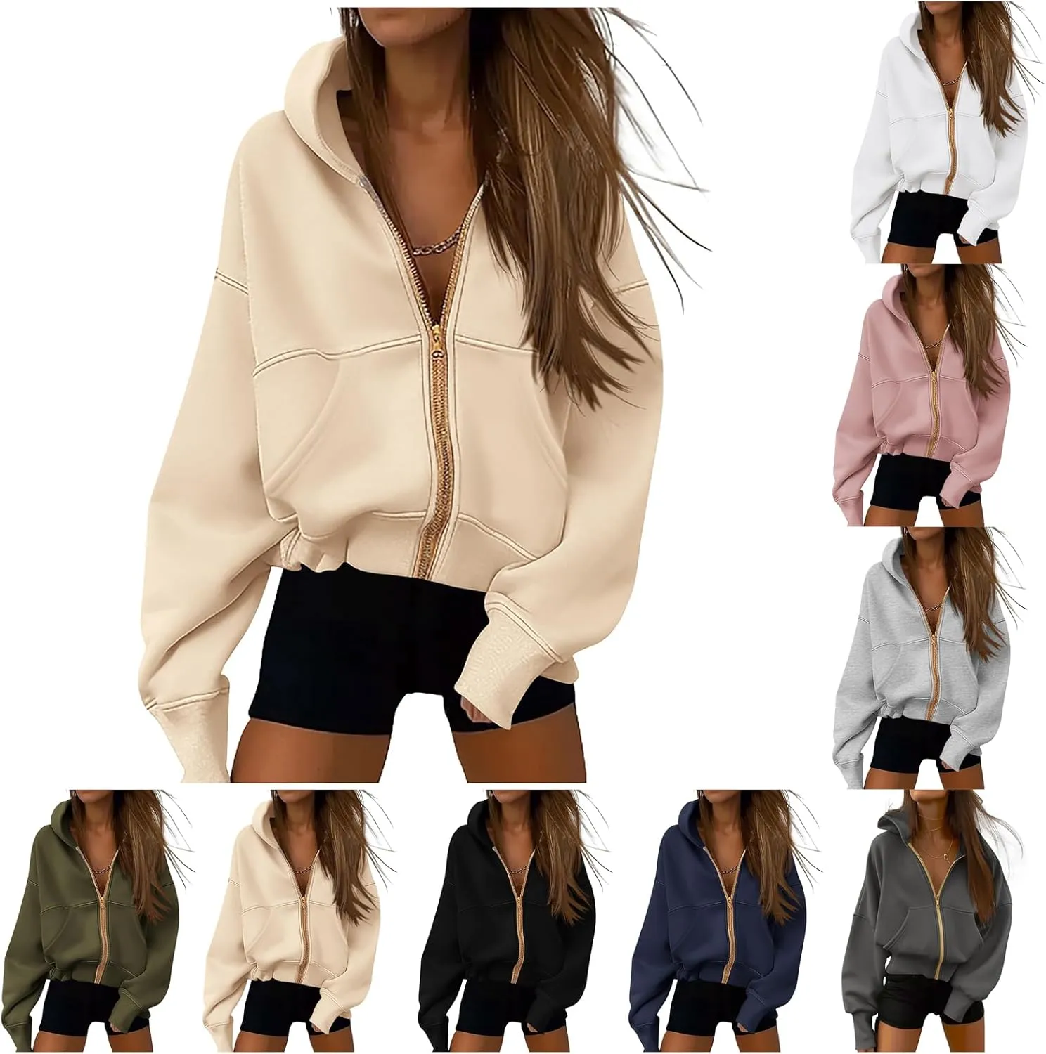 Womens Zip Up Hoodies Jacket Cropped Long Sleeve Hooded Sweatshirt Casual Comfy Coat Winter Clothes 2024