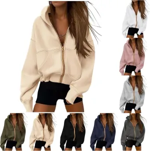 Womens Zip Up Hoodies Jacket Cropped Long Sleeve Hooded Sweatshirt Casual Comfy Coat Winter Clothes 2024