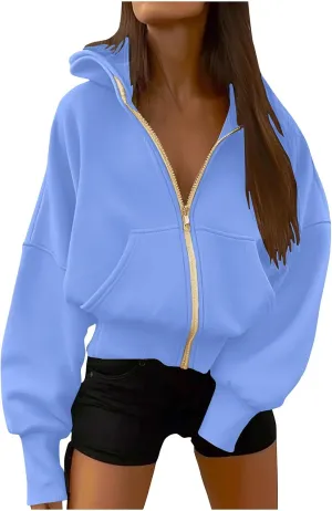 Womens Zip Up Hoodies Oversized Crop Sweatshirt Casual Fleece Hooded Jacket Fall Fashion 2024 Trendy Winter Clothes