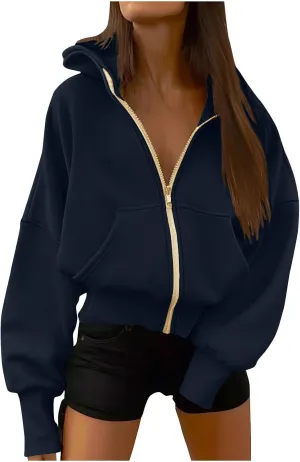 Womens Zip Up Hoodies Oversized Crop Sweatshirt Casual Fleece Hooded Jacket Fall Fashion 2024 Trendy Winter Clothes