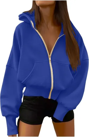 Womens Zip Up Hoodies Oversized Crop Sweatshirt Casual Fleece Hooded Jacket Fall Fashion 2024 Trendy Winter Clothes