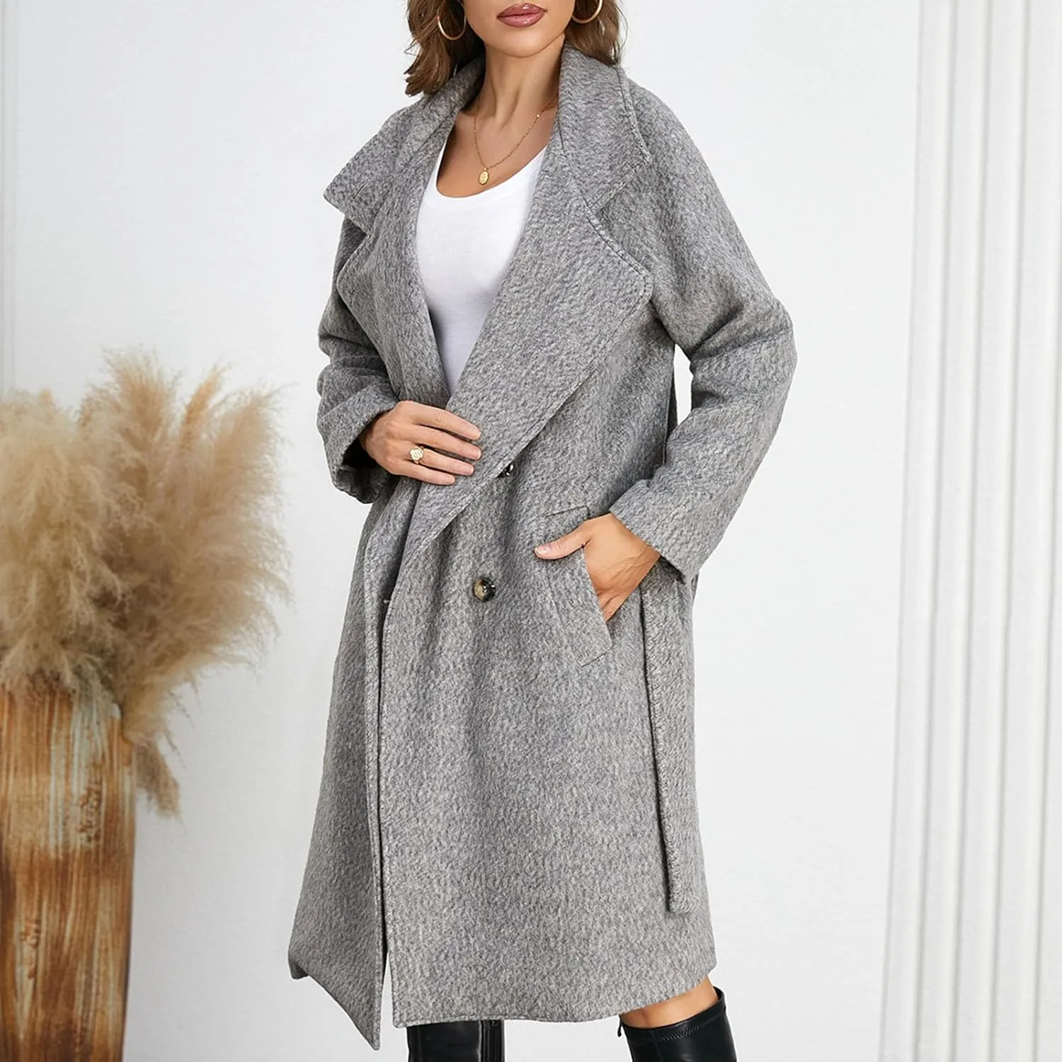 Wool Blend Overcoat Women Long Lapel Jacket Oversized Casual Jacket thick Winter Peacoat Warm Cardigan with Pockets