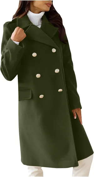 Wool Blend Trench Coat for Women, Fashion Casual Notch Lapel Double Breasted Mid Long Pea Coats Loose Overcoat Jacket