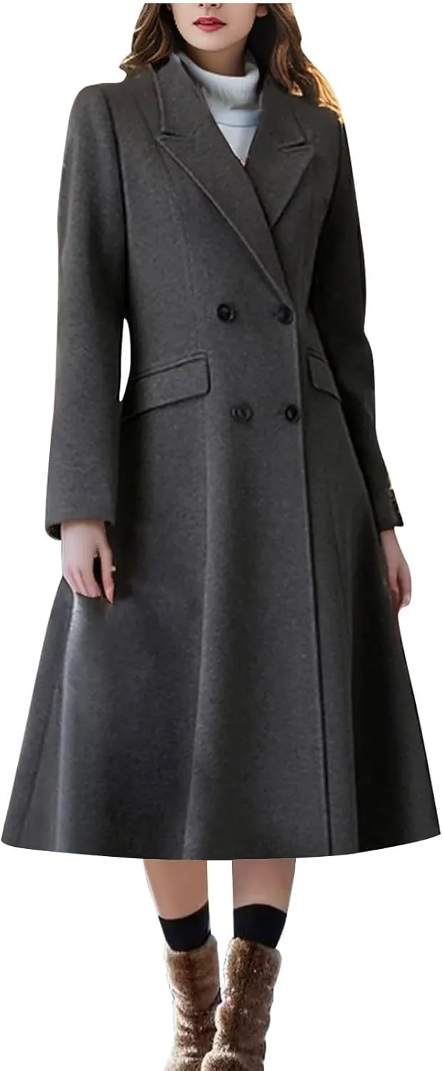 Wool Blend Trench Coat Women Long Double Breasted Waist Cinched Pea Coat Dressy Solid Lapel Fall Winter Warm Overcoat