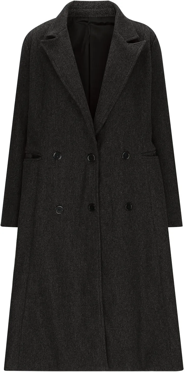 Wool Blend Trench Coat Women Long Double Breasted Waist Cinched Pea Coat Dressy Solid Lapel Fall Winter Warm Overcoat