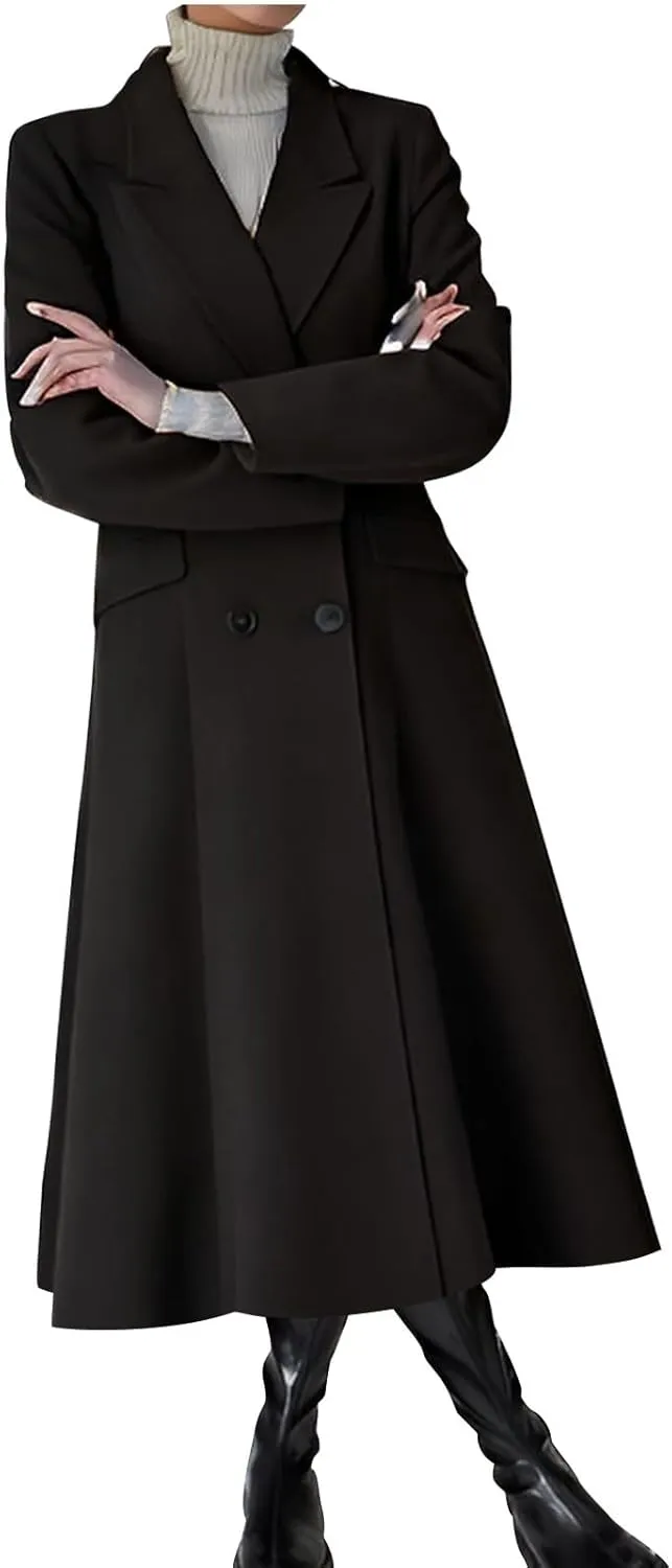 Wool Blend Trench Coat Women Long Double Breasted Waist Cinched Pea Coat Dressy Solid Lapel Fall Winter Warm Overcoat
