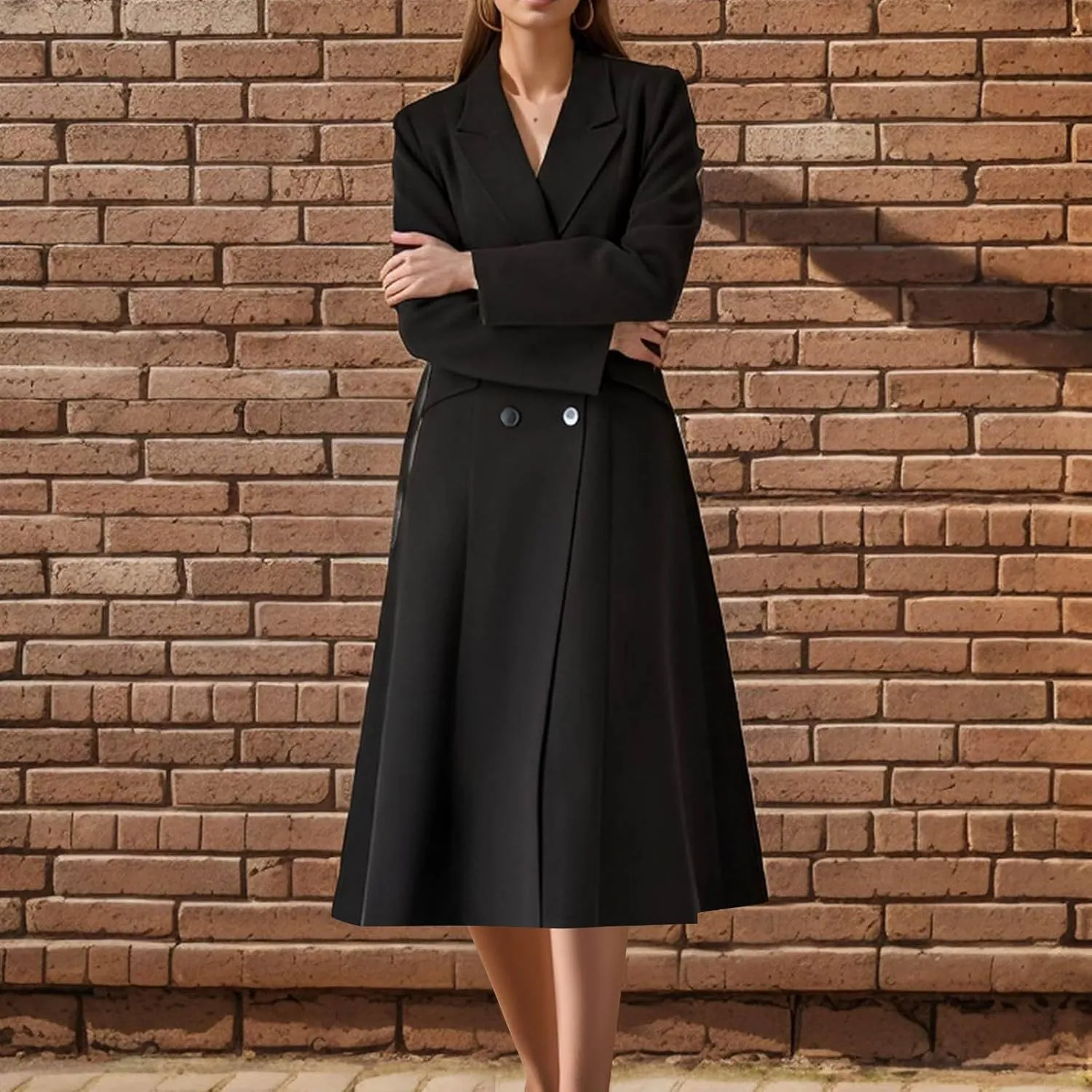 Wool Blend Trench Coat Women Long Double Breasted Waist Cinched Pea Coat Dressy Solid Lapel Fall Winter Warm Overcoat
