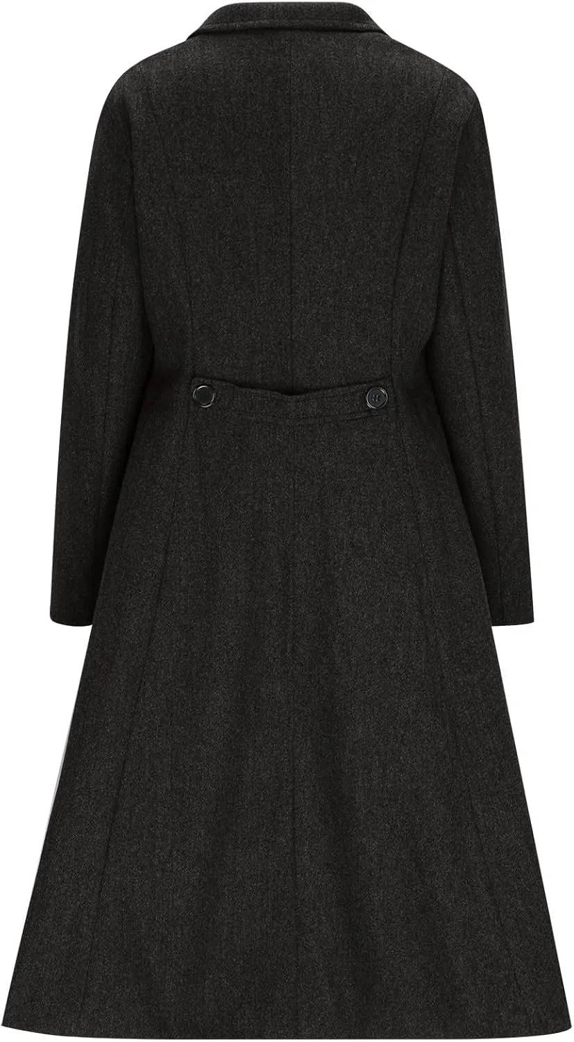 Wool Blend Trench Coat Women Long Double Breasted Waist Cinched Pea Coat Dressy Solid Lapel Fall Winter Warm Overcoat