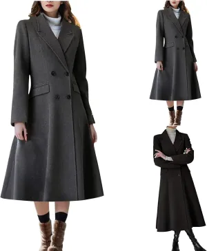 Wool Blend Trench Coat Women Long Double Breasted Waist Cinched Pea Coat Dressy Solid Lapel Fall Winter Warm Overcoat