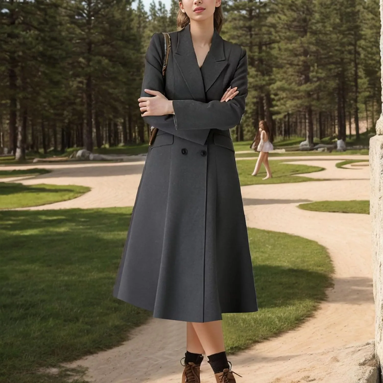 Wool Blend Trench Coat Women Long Double Breasted Waist Cinched Pea Coat Dressy Solid Lapel Fall Winter Warm Overcoat