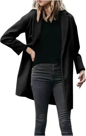 Wool Coat for Women Casual Open Front Lapel Jackets Winter Long Sleeve Overcoat Trendy Trench Coats with Pockets