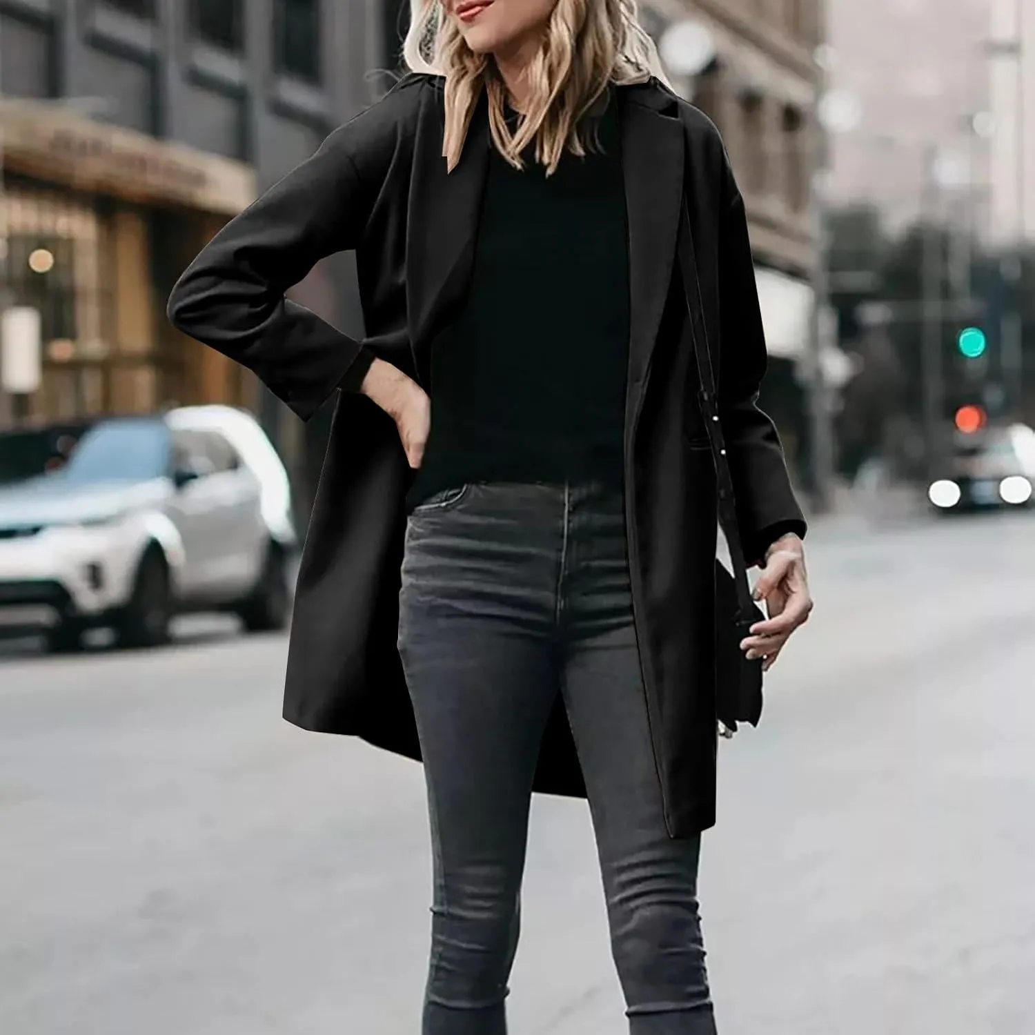 Wool Coat for Women Casual Open Front Lapel Jackets Winter Long Sleeve Overcoat Trendy Trench Coats with Pockets