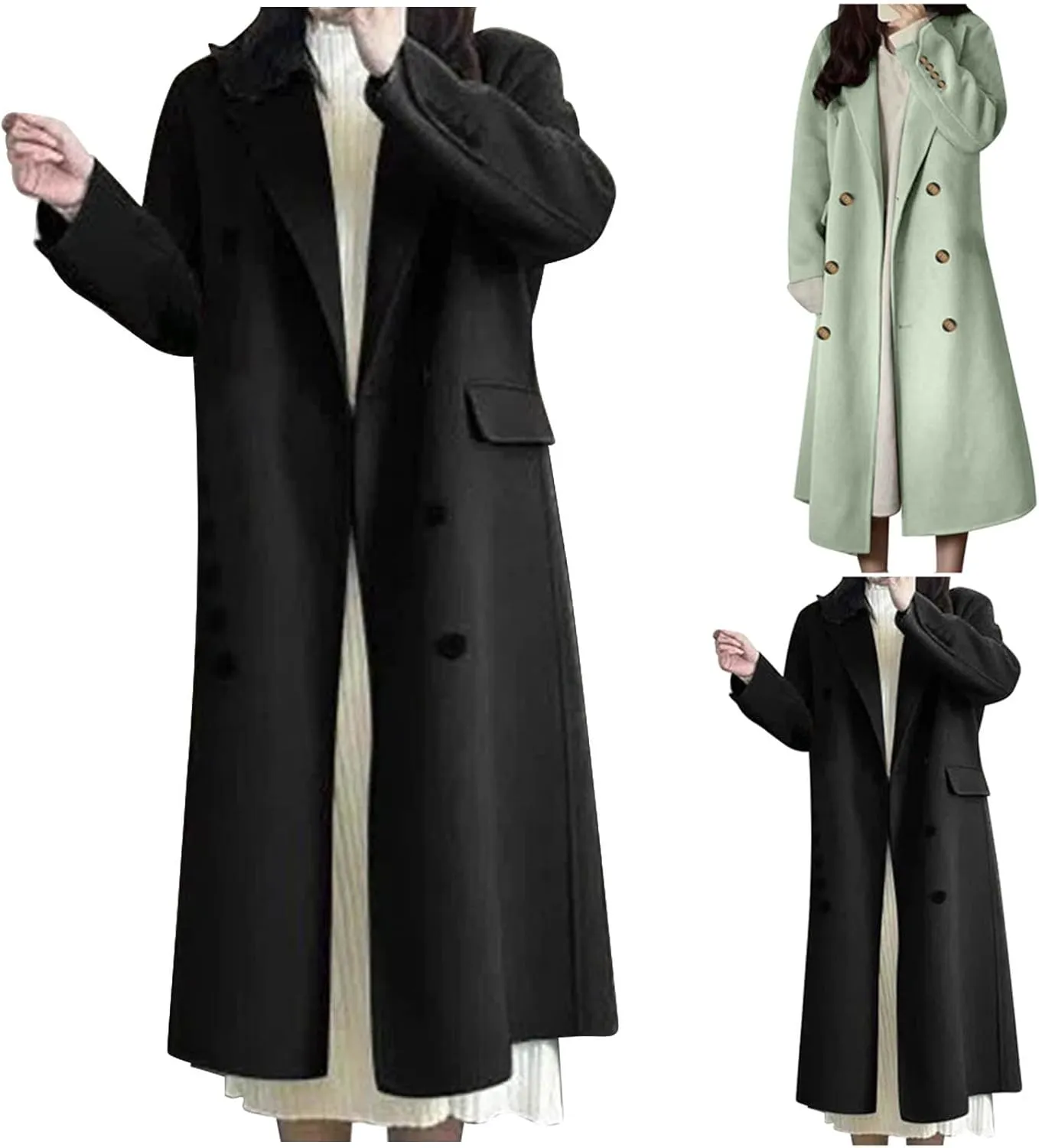 Wool Pea Coat for Women Elegant Lapel Collar Double Breasted Trench Coat Winter Warm Long Overcoats Outwear
