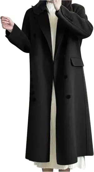 Wool Pea Coat for Women Elegant Lapel Collar Double Breasted Trench Coat Winter Warm Long Overcoats Outwear