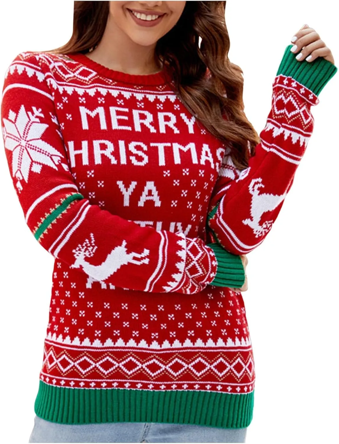WYTong Women Christmas Sweaters Santa Printed Knitted Sweater Casual Lightweight Pullover Funny Xmas Sweaters