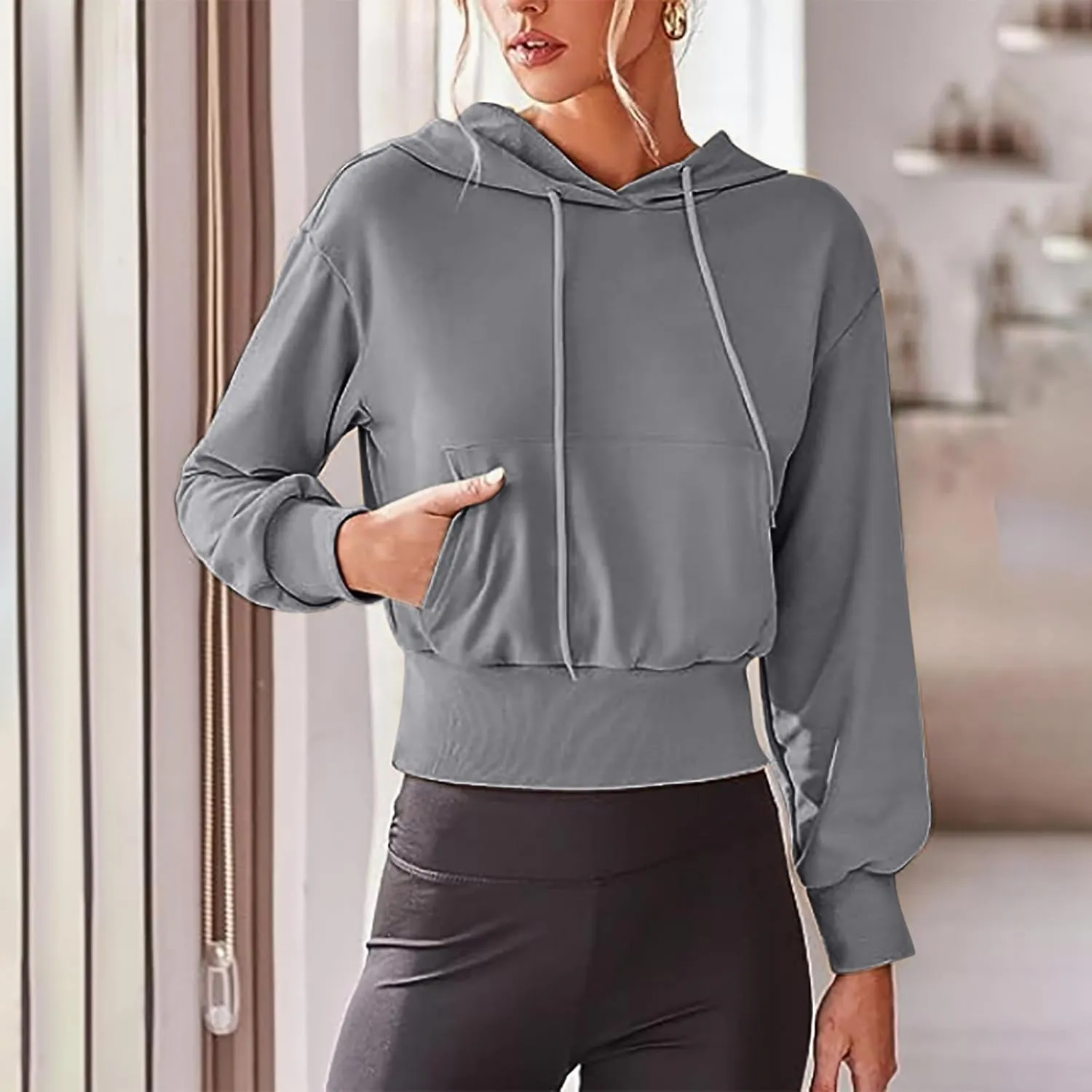 Y2k Sweatshirts for Women,Cropped Pullover Hoodies for Teen Girl,Casual Long Sleeve Hooded Sweatshirt with Pocket