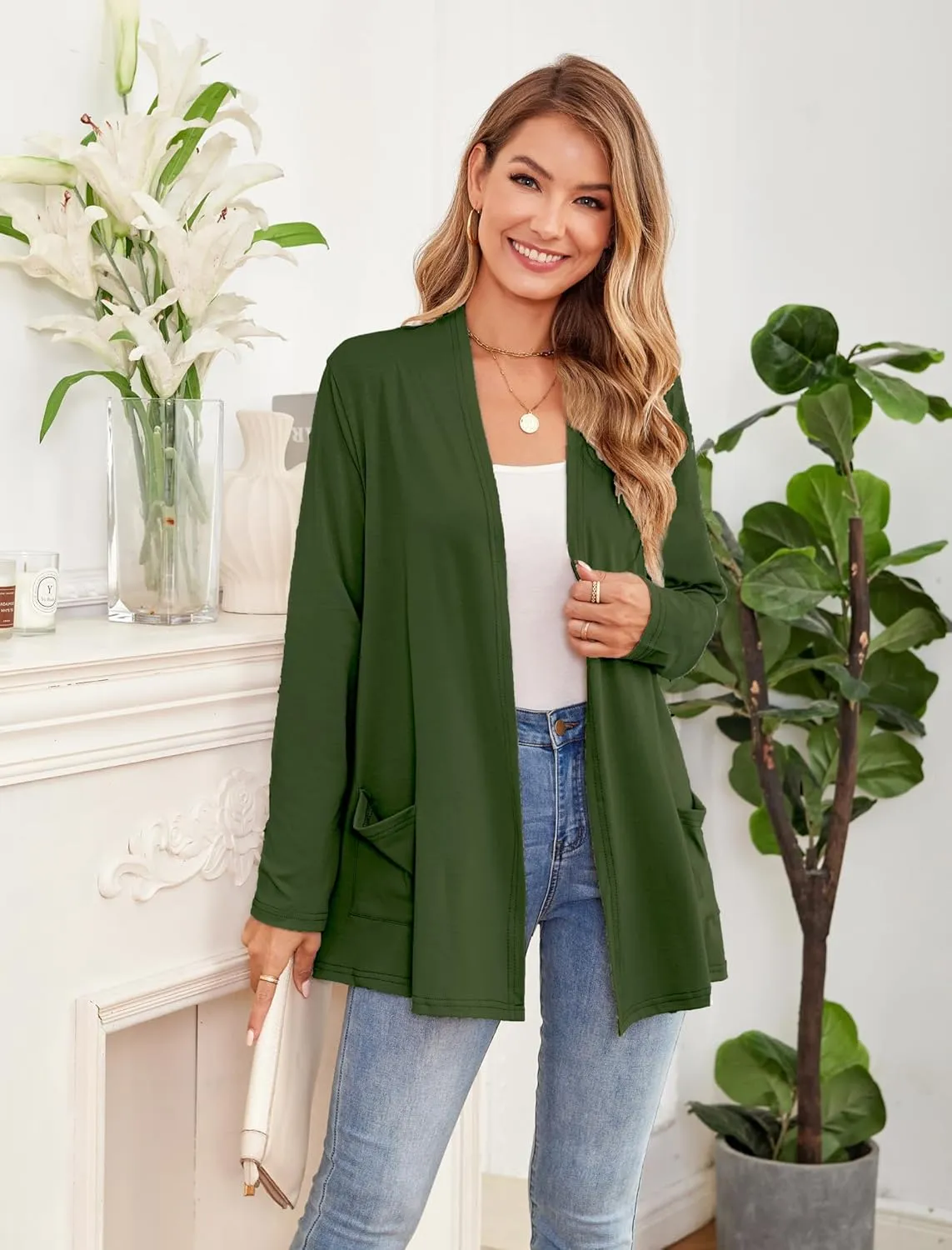 Yekaty Womens Lightweight Cardigans Open Front Long Sleeve Drape Kimono Cardigan Sweaters with Pockets
