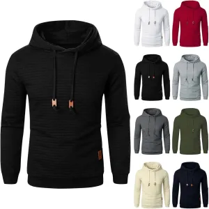 Ymosrh Mens Fashion Hoodie Pullover Sweatshirts Long Sleeve Solid Color Plaid Jacquard Hoodies Casual Drawstring Tops, S-XL