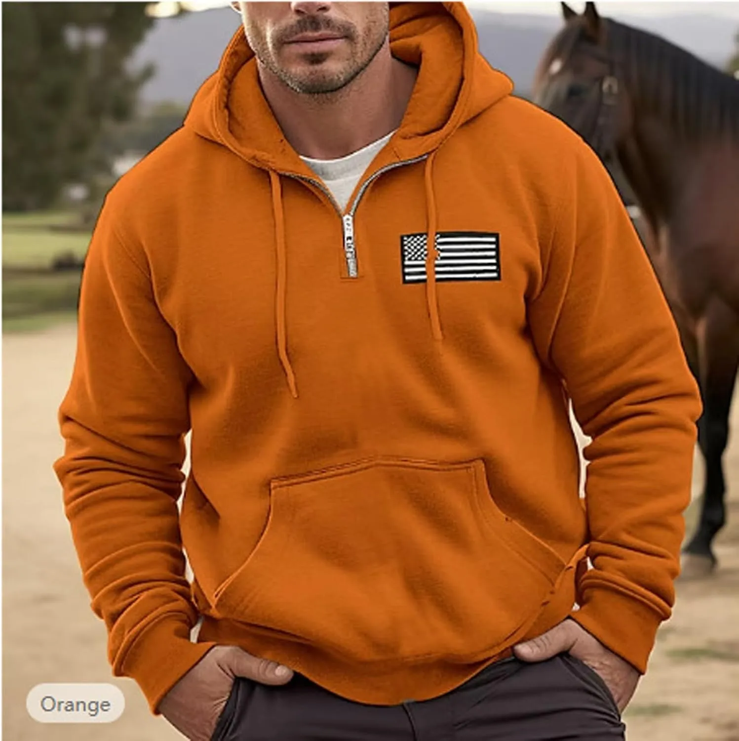 Ymosrh Men's Novelty Hoodies Quarter Zip Hooded Sweatshirt Long Sleeve USA Flag Sweatshirts Print Pullover Hoodie, M-4XL