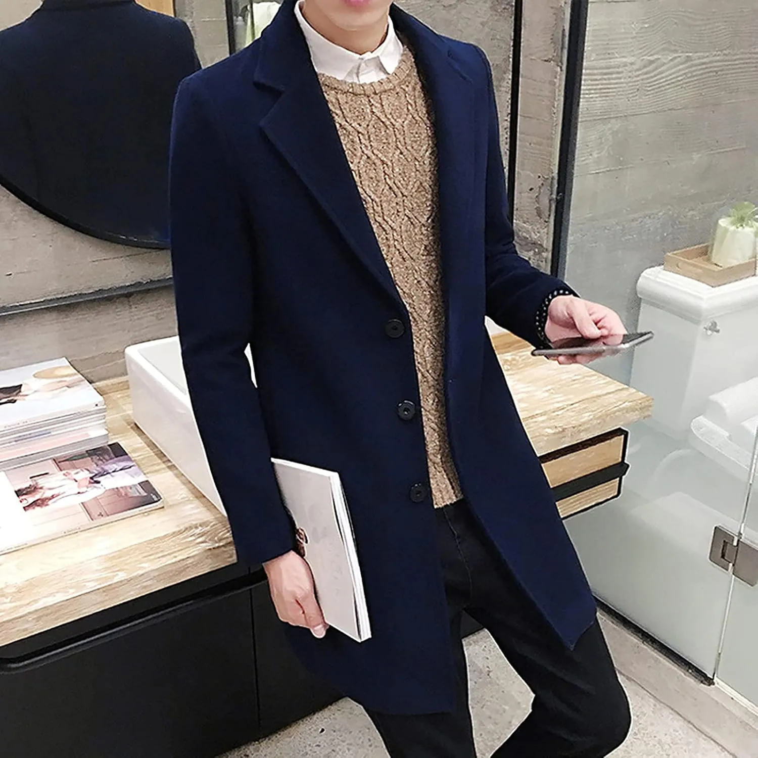 Ymosrh Men's Trench Coat Oversized Notched Long Jacket Coat Single Breasted Lapel Winter Coat, M-5XL
