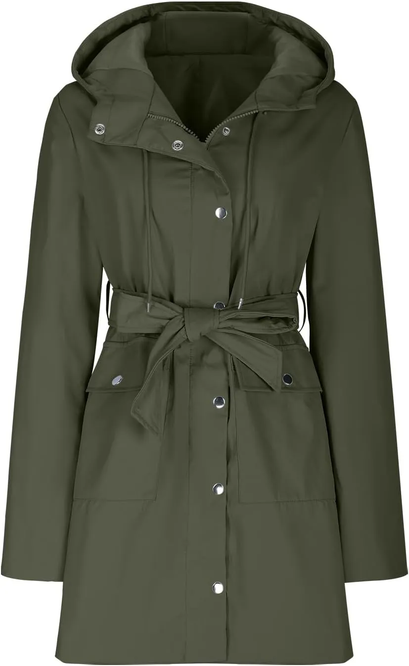 YRAETENM Rain Jacket Women Lightweight Lapel Waterproof Hooded Trench Coats Active Outdoor Belted Windbreaker with Pockets