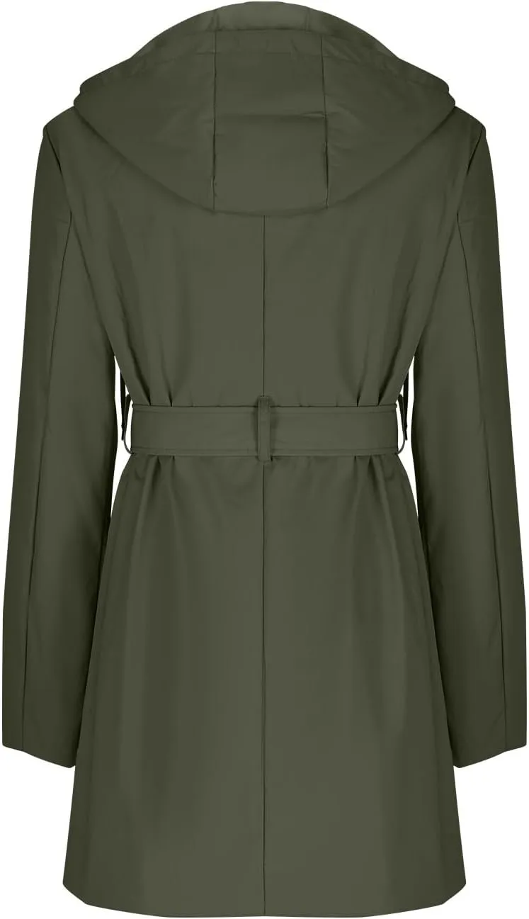 YRAETENM Rain Jacket Women Lightweight Lapel Waterproof Hooded Trench Coats Active Outdoor Belted Windbreaker with Pockets
