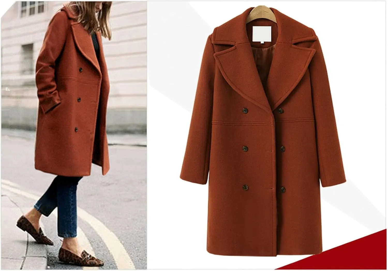 YRAETENM Women's Double Breasted Wool Blend Coat Winter Oversized Solid Long Pea Coat Warm Notch Lapel Outwear with Pockets
