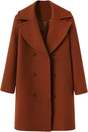 YRAETENM Women's Double Breasted Wool Blend Coat Winter Oversized Solid Long Pea Coat Warm Notch Lapel Outwear with Pockets
