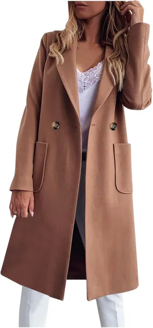 YRAETENM Womens Lapel Collar Pea Coat Winter Double Breasted Midi Long Warm Wool Blend Trench Coat Outerwear with Pockets