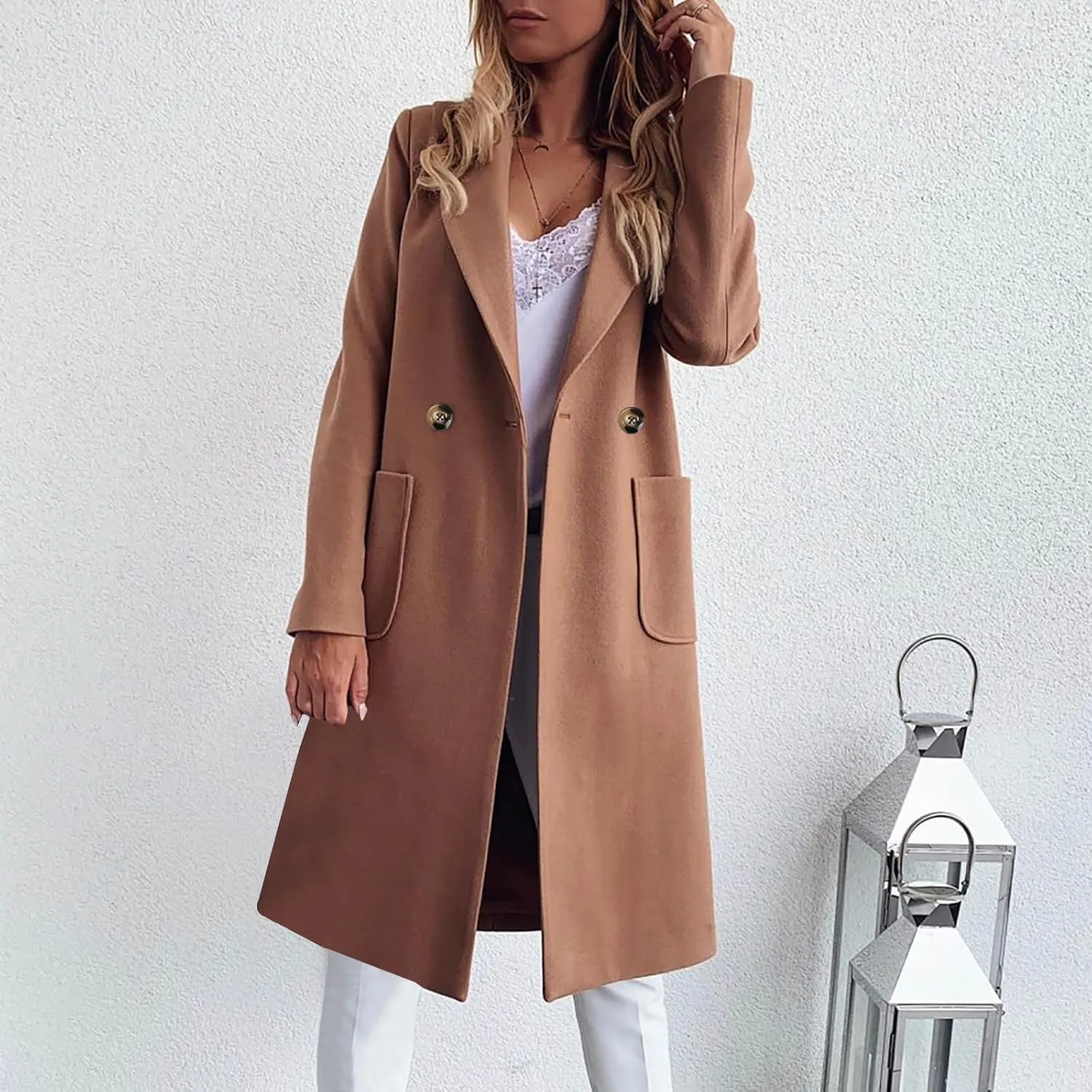 YRAETENM Womens Lapel Collar Pea Coat Winter Double Breasted Midi Long Warm Wool Blend Trench Coat Outerwear with Pockets