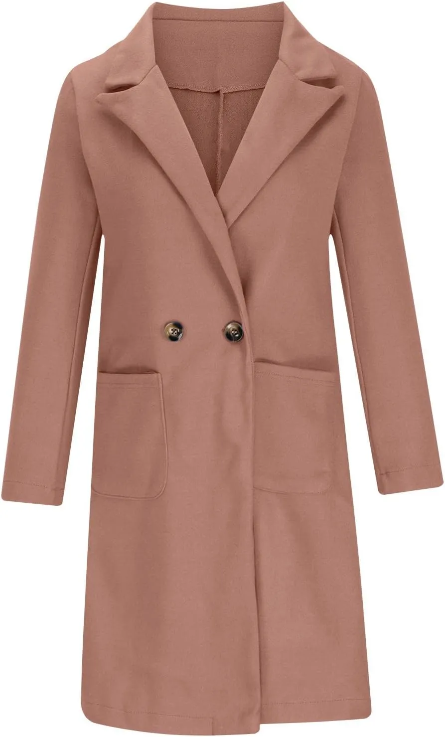 YRAETENM Womens Lapel Collar Pea Coat Winter Double Breasted Midi Long Warm Wool Blend Trench Coat Outerwear with Pockets