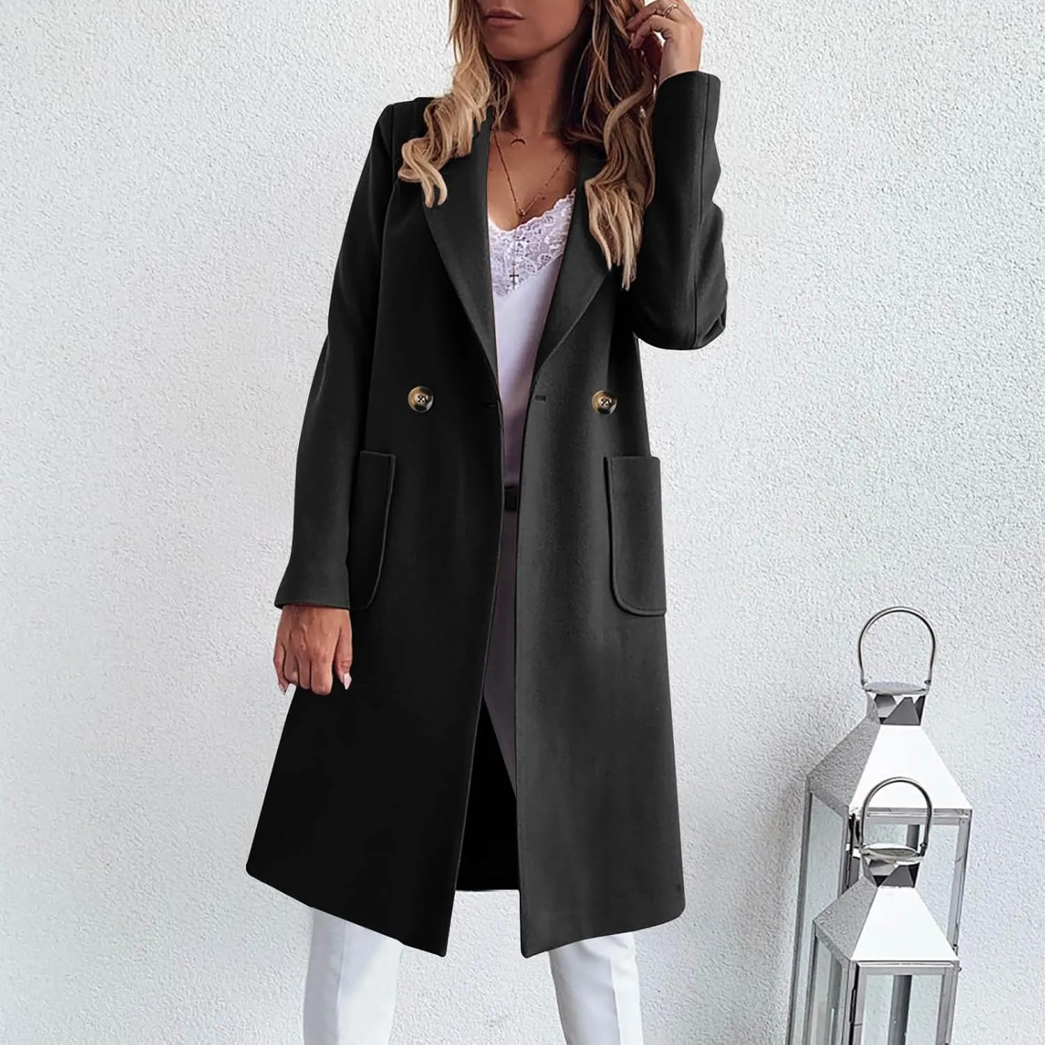 YRAETENM Womens Lapel Collar Pea Coat Winter Double Breasted Midi Long Warm Wool Blend Trench Coat Outerwear with Pockets