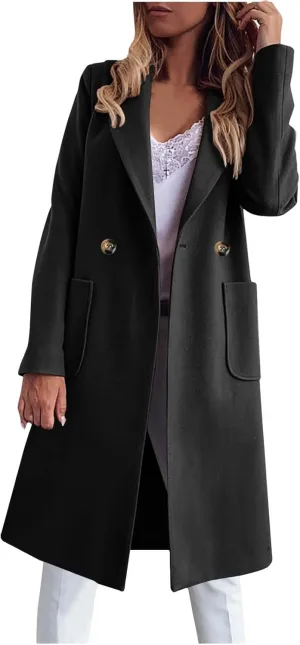 YRAETENM Womens Lapel Collar Pea Coat Winter Double Breasted Midi Long Warm Wool Blend Trench Coat Outerwear with Pockets