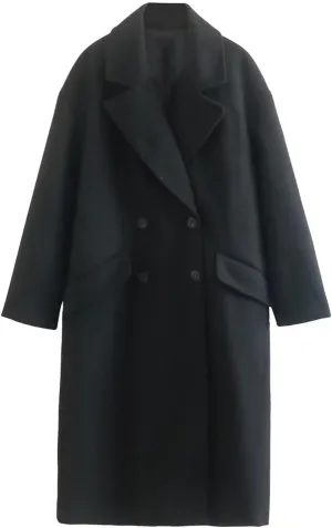 YRAETENM Wool Coats for Women Winter Warm Notch Lapel Double Breasted Trench Coats Oversized Mid-Length Overcoat Outwear