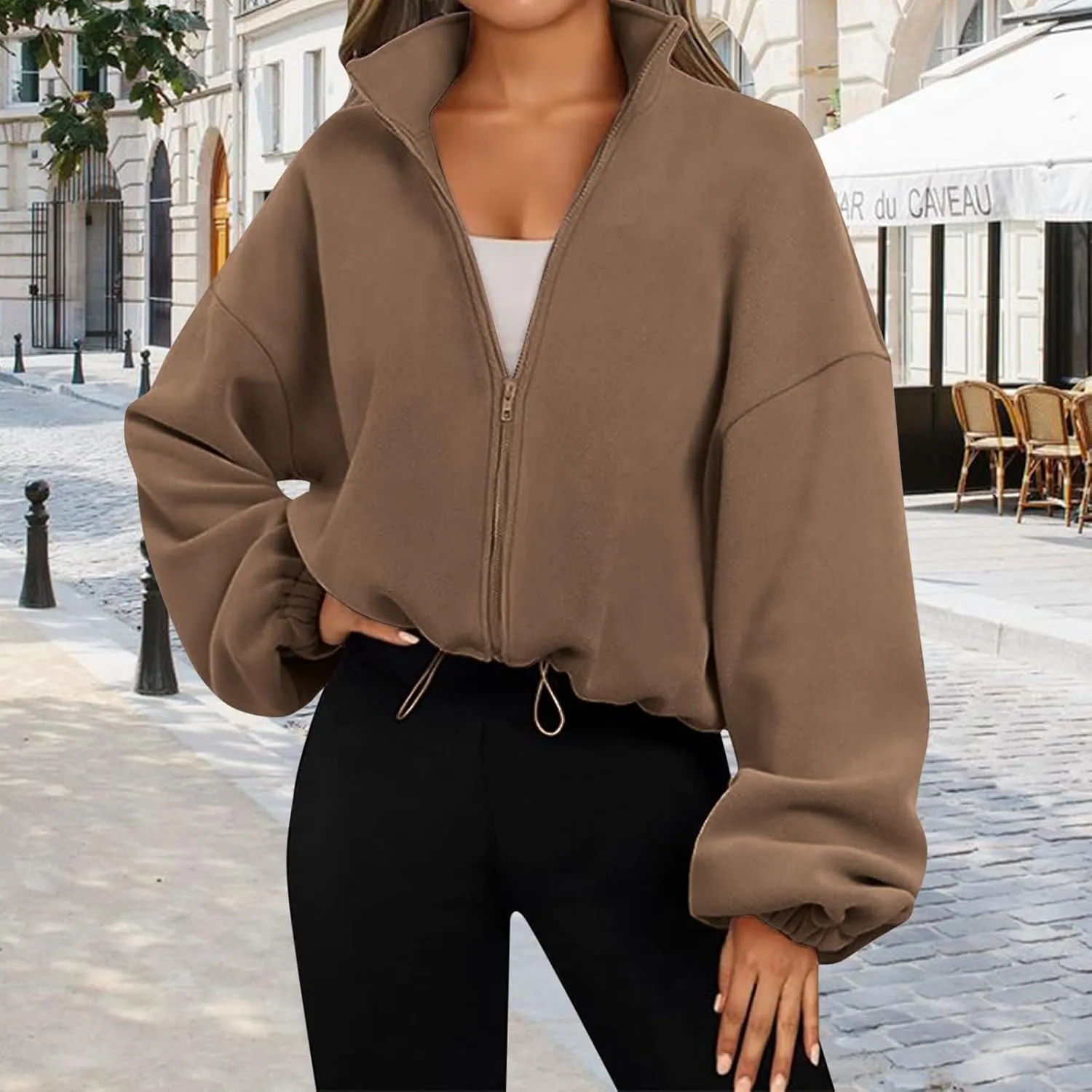 Zip Up Hoodie for Women Oversized Sweatshirt Fleece Cropped Jacket Trendy Fleece Jacket 2024