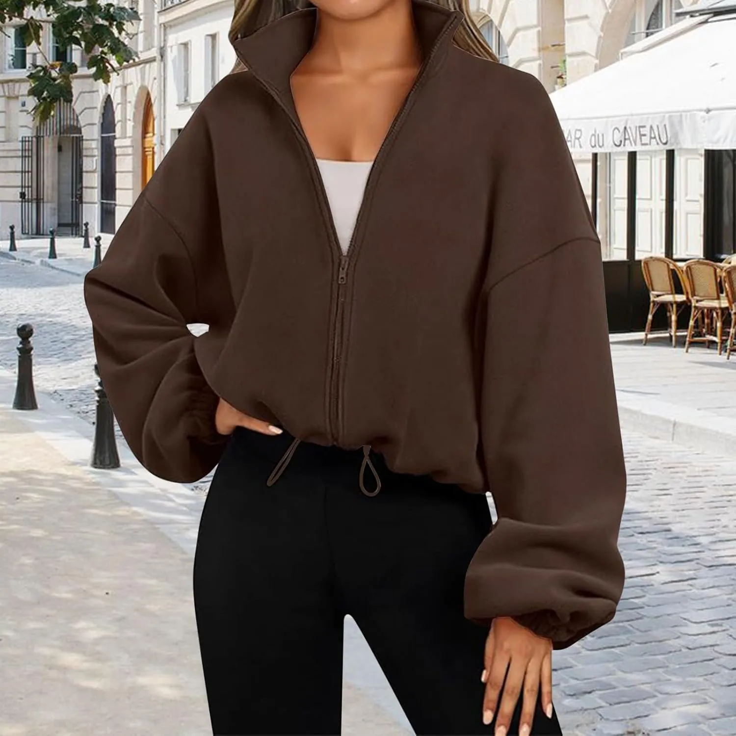 Zip Up Hoodie for Women Oversized Sweatshirt Fleece Cropped Jacket Trendy Fleece Jacket 2024