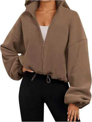Zip Up Hoodie for Women Oversized Sweatshirt Fleece Cropped Jacket Trendy Fleece Jacket 2024