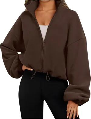 Zip Up Hoodie Women Oversized Sweatshirt Fleece Cropped Jacket Trendy Fleece Jacket Workout Coat Anorak plus Size Womens Coat