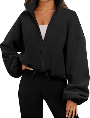Zip Up Hoodie Women Oversized Sweatshirt Fleece Cropped Jacket Trendy Fleece Jacket Workout Coat Anorak plus Size Womens Coat